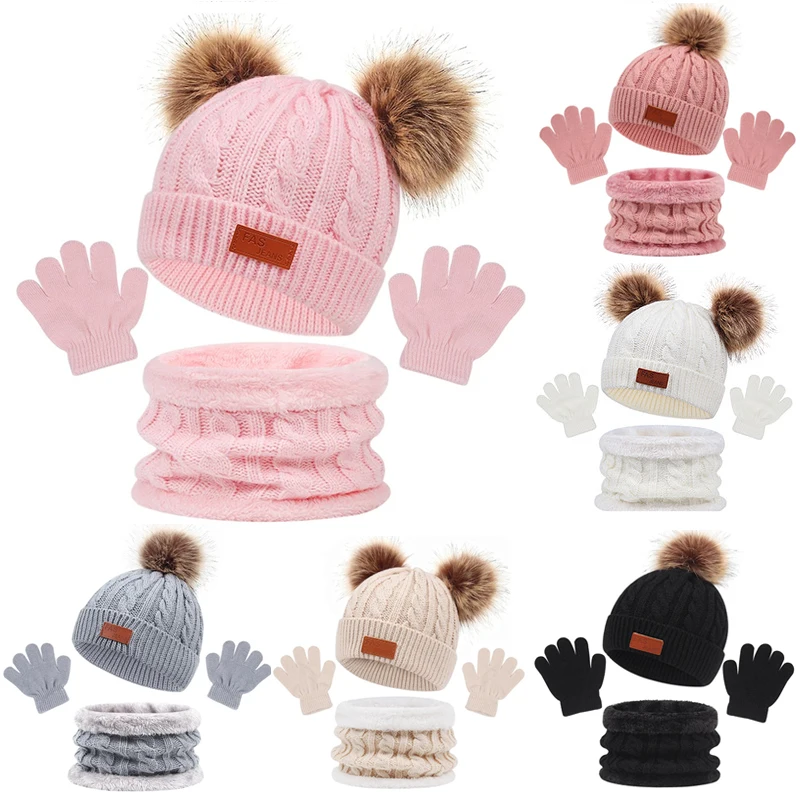 Bébé hiver chapeau écharpe gants ensemble tricoté boule de fourrure enfants Beanie bébé casquette pour filles garçons accessoires infantile Bonnet enfant en bas âge chapeau 1-5Y