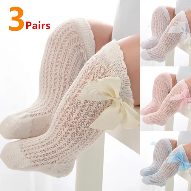 3 paires/lot été bébé filles chaussettes enfant en bas âge infantile nœud coton maille respirant chaussettes nouveau-né princesse fille chaussettes pour 0-3 ans