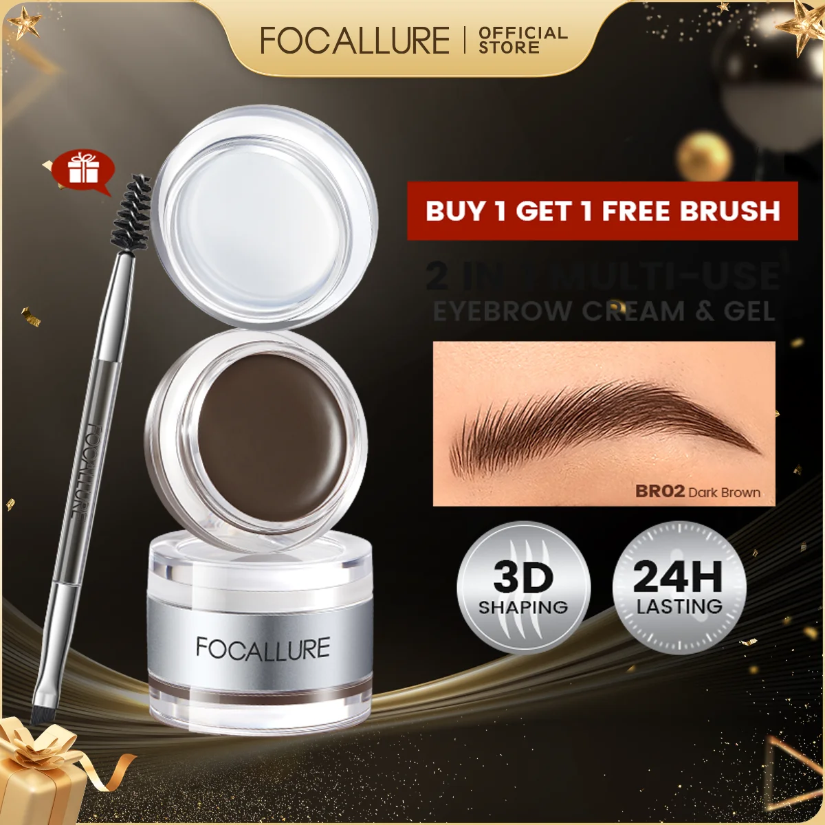 FOCALLURE 2 en 1 pommade à sourcils Gel cire maquillage imperméable longue durée 3 couleurs rehausseur de sourcils crème cosmétiques avec brosse