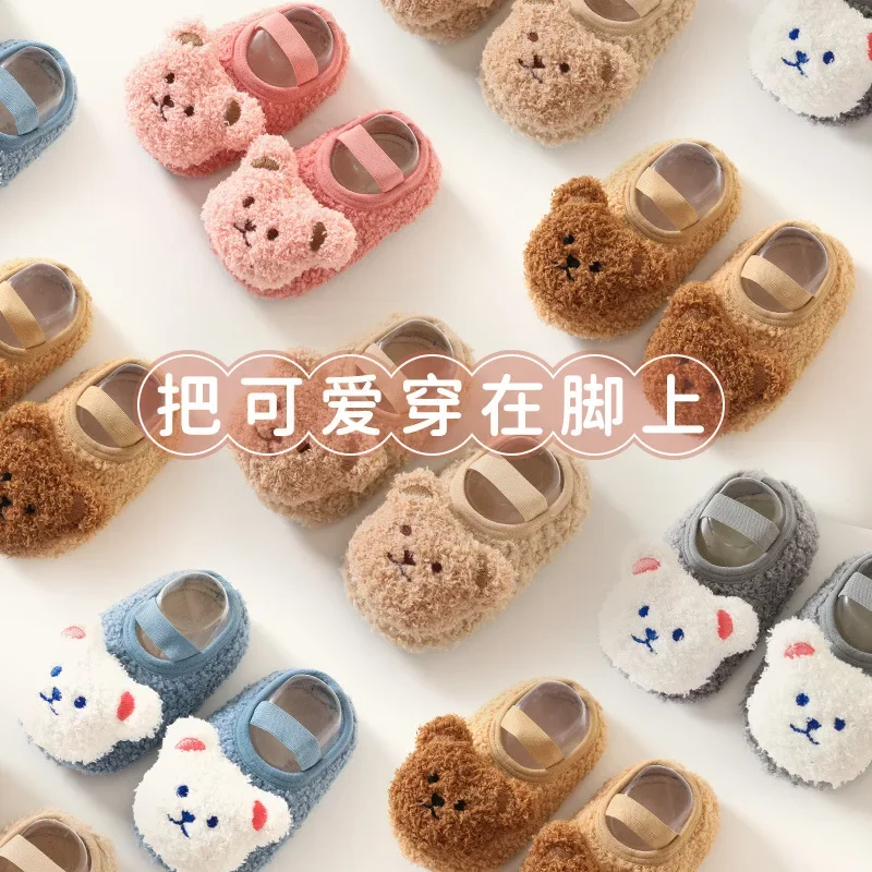 Chaussettes de sol en velours épais anti-ald pour bébé fille, chaussures à semelle souple pour l'apprentissage de la marche, en pur coton, pour nouveau-né
