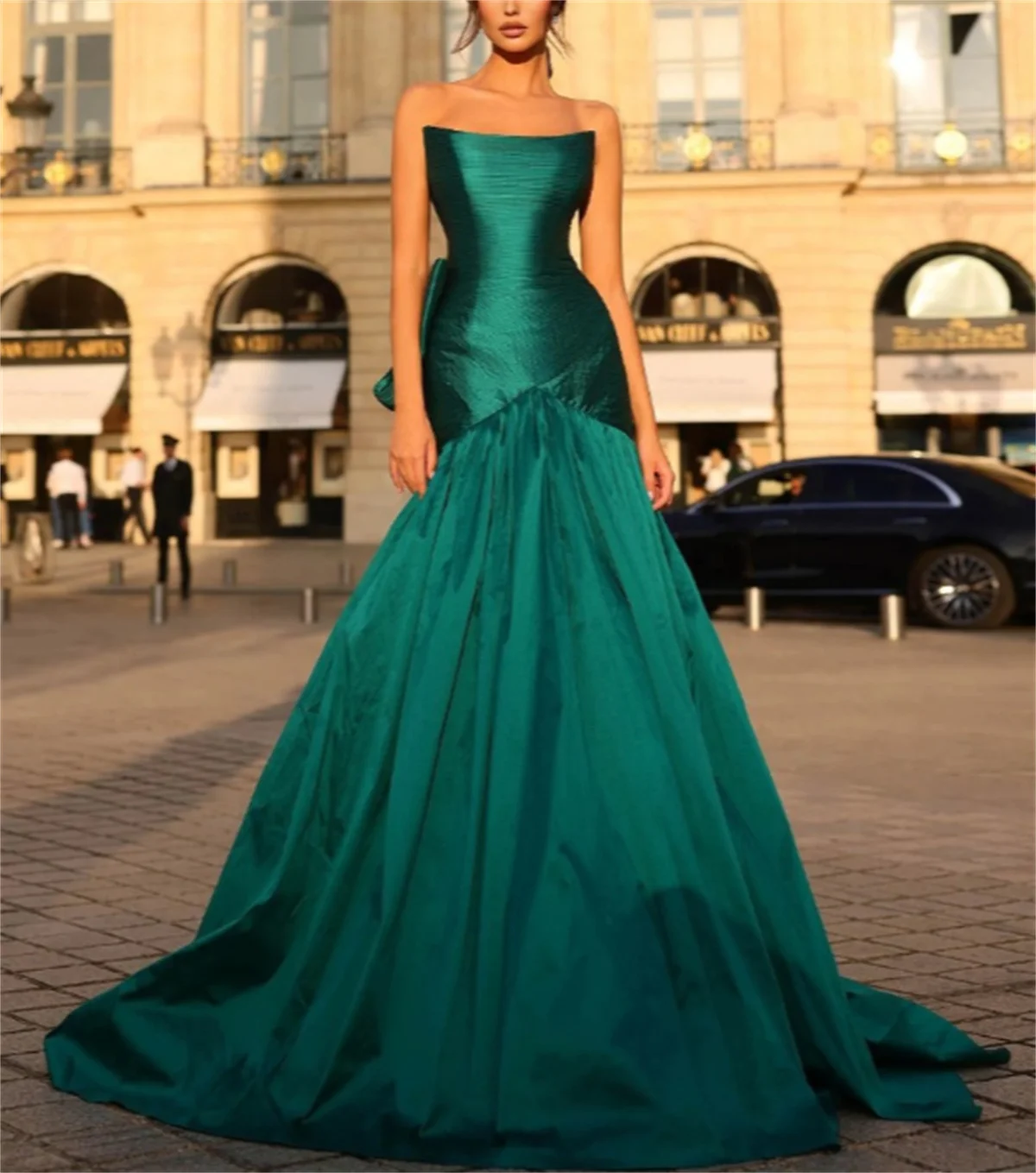 Robe de Soirée Sexy en Satin, Belle Tenue à Col Bateau, Manches sulf, Balayage, Traîne à Brosse, avec Appliques, 2024