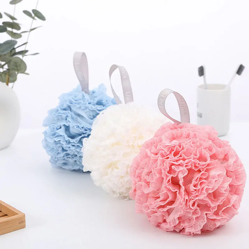 Boule de bain douce, gommage du corps, bouffée de bain propre, fournitures de salle de bain, bulle de gommage de fleurs, douche, éponge en maille, brosse arrière