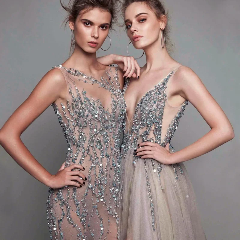 Robe de soirée transparente grise amincissante, longue, à la mode, pour fêtes d'anniversaire et d'entreprise, en maille à paillettes, nouvelle collection