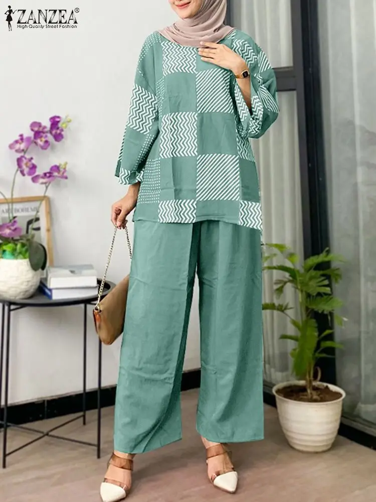 ZANZEA-Ensembles assortis pour femmes musulmanes, chemisier imprimé à manches longues, survêtements à jambes larges, hijab de Dubaï, été, 2 pièces