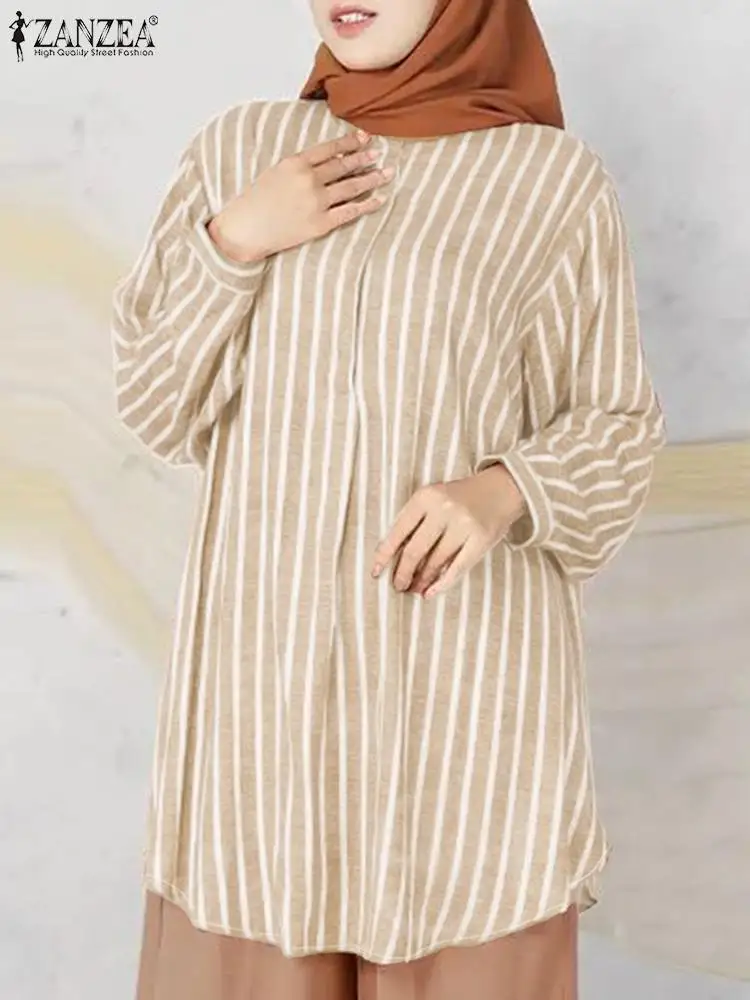 ZANZEA-Chemisier Rayé à Manches sulfpour Femme, Décontracté, Vintage, Mode Musulmane, Abaya, Chemise de ixIslamique, Automne