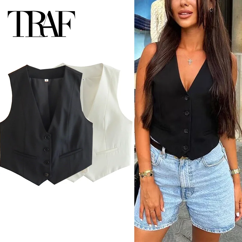 TRAF femmes gilet noir blanc recadrée gilet haut femmes col en V sans manches gilet femme mode travail été costume gilet manteaux courts