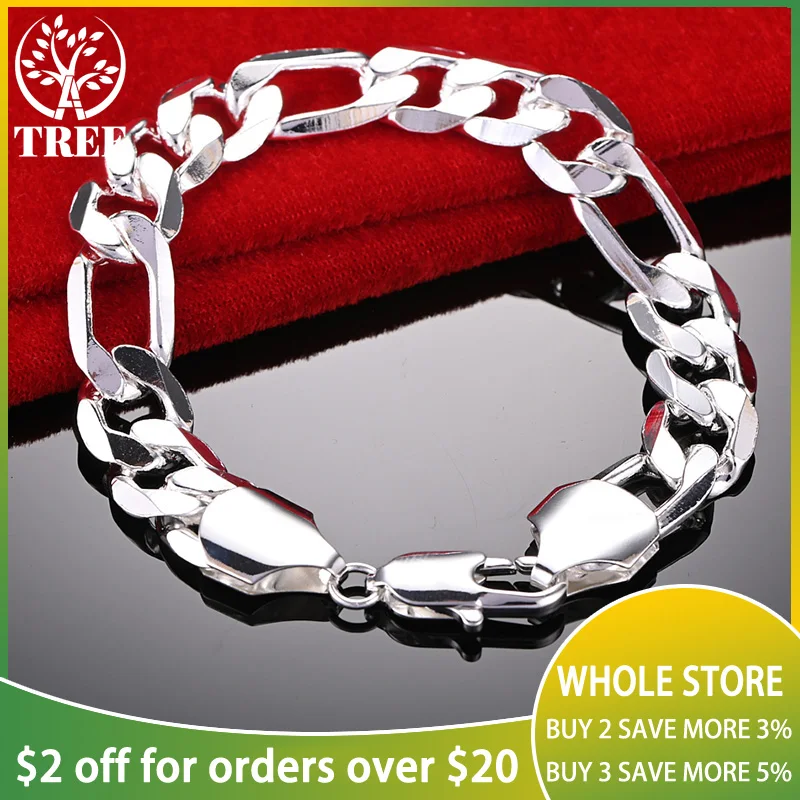 ALITREE 925 argent Sterling 12mm Figaro Bracelets pour homme femme chaîne accessoires de mariage fête d'anniversaire cadeau bijoux de mode