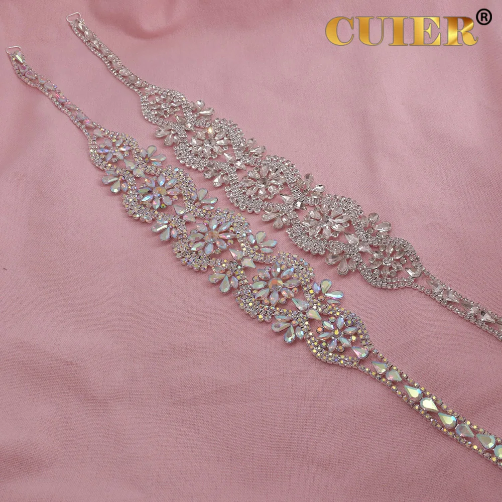 Ceinture longue en biscuits fleur faite à la main pour femme, appliques en cristal AB, environnement de robe de soirée et de mariage, toxique, 16, longueur exquise de 17.5 po