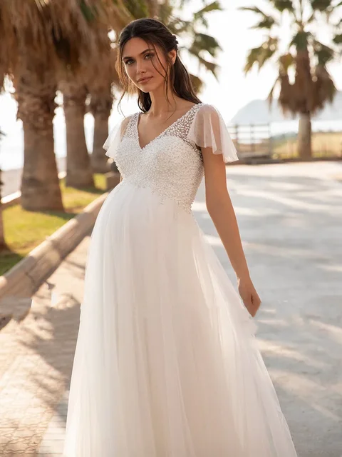 Robes de mariée bohèmes pour femmes enceintes, col en V, manches courtes, simple, tulle, ligne A, robe de mariée de grossesse à paillettes, pas cher, 2023 – Image 3