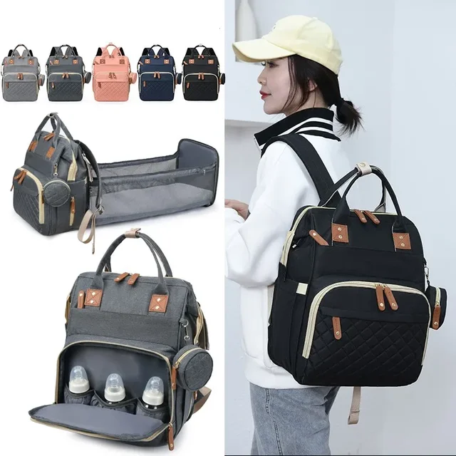 Sac à couches de lit pliable, sac pour maman, sucette de grande capacité, sac à dos pour bébé avec sac de bouteille isolé, sac suspendu pour poussette de bébé – Image 2