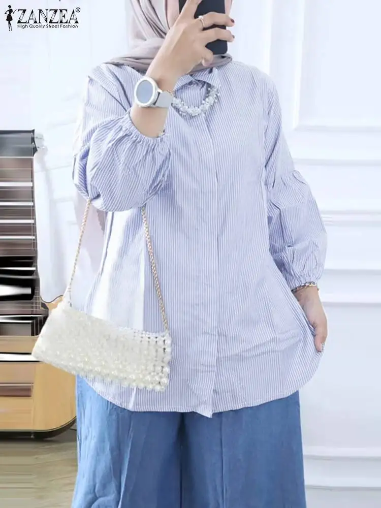 ZANZEA-Chemisier à manches lanterne musulmane pour femme, chemise rayée décontractée, col en Y à revers, boutons vers le bas, mode automne