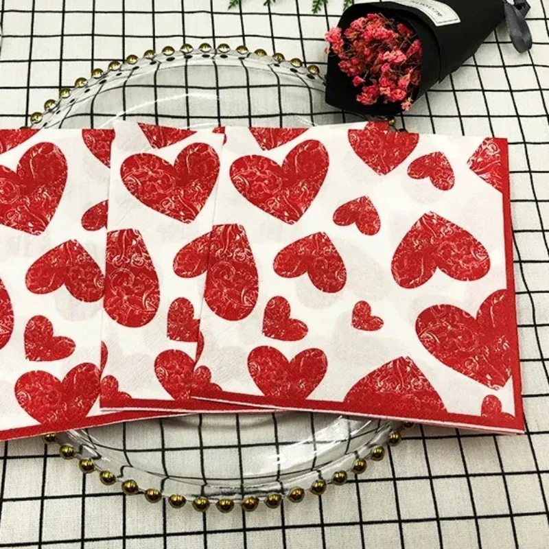 Serviette imprimée colorée en forme de cœur, 20 pièces/P, pour mariage, saint-valentin, tissu pour le visage, décoration de proposition, verre à vin, fleur