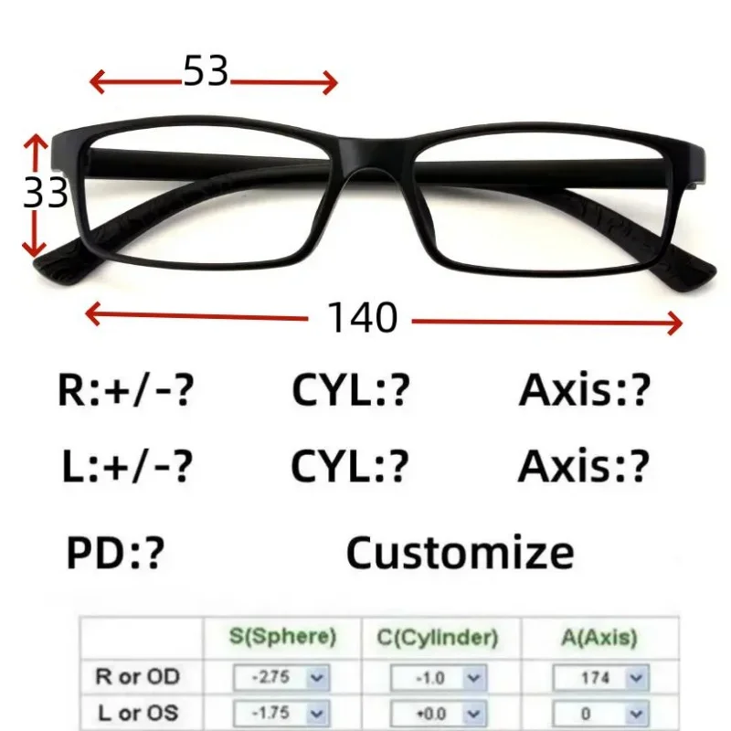 Lunettes à monture carrée personnalisées TR90 pour hommes, lunettes ultra légères pour myopie, hypermétropie, 53, 18, 135