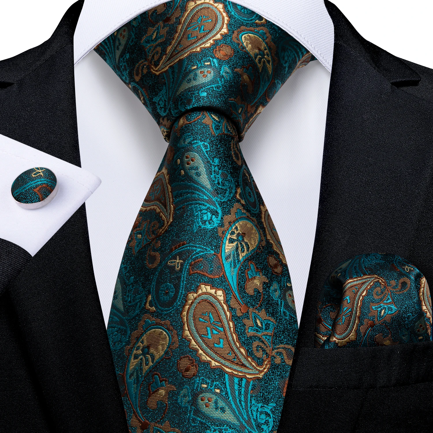 Cravates en soie et Polyester pour hommes, 8cm, boutons de manchette carrés de poche, vert or Paisley, accessoires de fête de mariage, cadeau de cravate