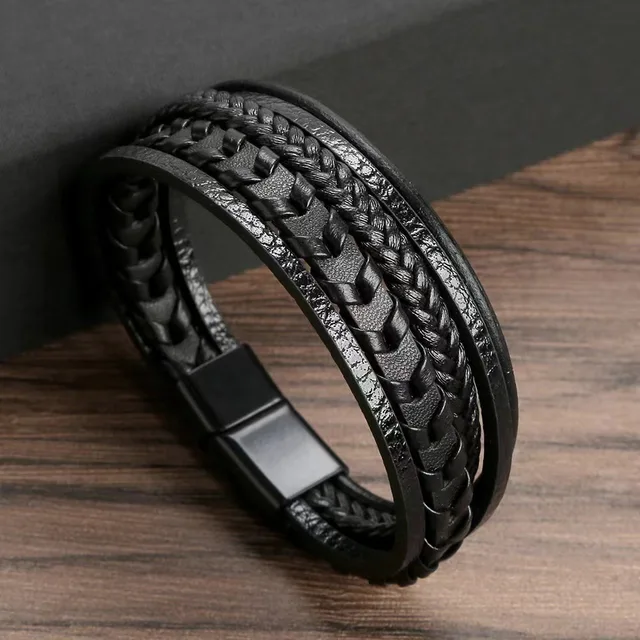 1PC Trendy Men's Accessories Alloy Magnetic Buckle Multi layer Retro Leather Rope Braided Bracelet Bracelet Fashion Dressing – Image 3