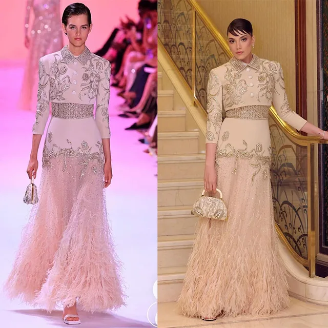 L457 Georges Hobeika Deux Pièces Manches Longues Cape Crêpe Plumes فساتnza örtvestidos de fiesta فساتmaverarobes de soirée