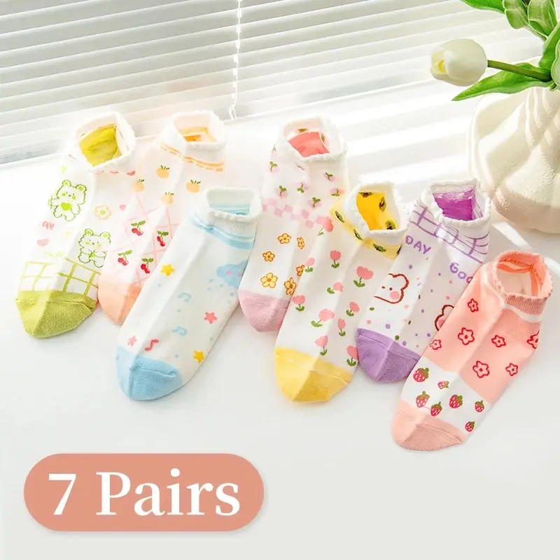7 paires de chaussettes quatre saisons pour femmes, motif Floral, fraise, cerise et ours de dessin animé, mignonnes, douces et confortables, printemps et été