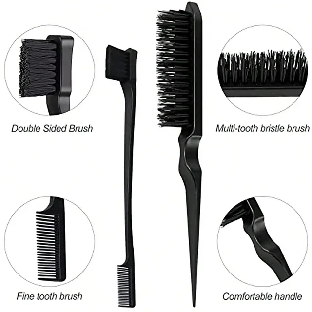 Ensemble de peignes de coiffure avec brosse à cheveux triple déchirures, brosse de bord de peigne à queue de souris, outil de coiffure de salon spécial pour perruques de vrais cheveux 3 pièces – Image 4