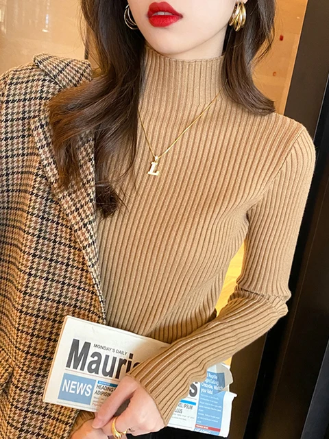 Élégant solide basique tricoté hauts femmes col roulé pull à manches longues décontracté mince pull mode coréenne Simple Chic vêtements – Image 5