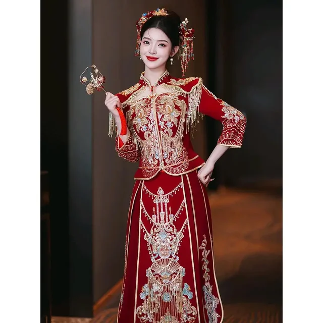Shuhe robe de mariée de luxe pour femmes 2025 nouveau Style robe de mariée fortement ornée Dragon chinois et Phoenix Motif robe de bal – Image 2