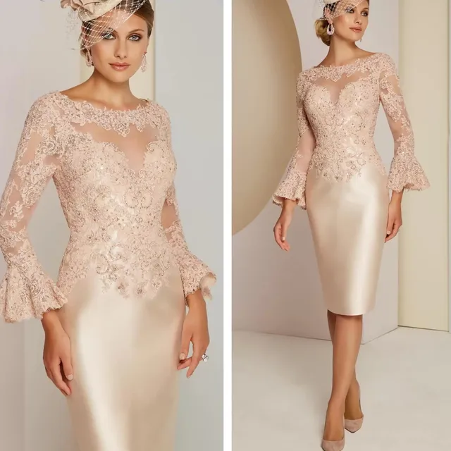 Robes mère de la mariée en dentelle, col rond, manches longues, perles, ficelle, appliques, robe de cocktail, colonne, longueur au genou, robe de Rhformelle – Image 2