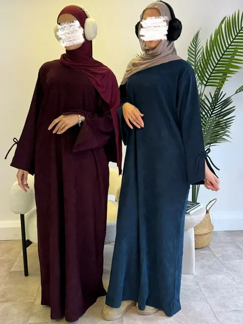 Abaya en velours côtelé pour femme, robe musulmane, manches avec nœud papillon, vêtements de prière modestes, hiver – Image 3