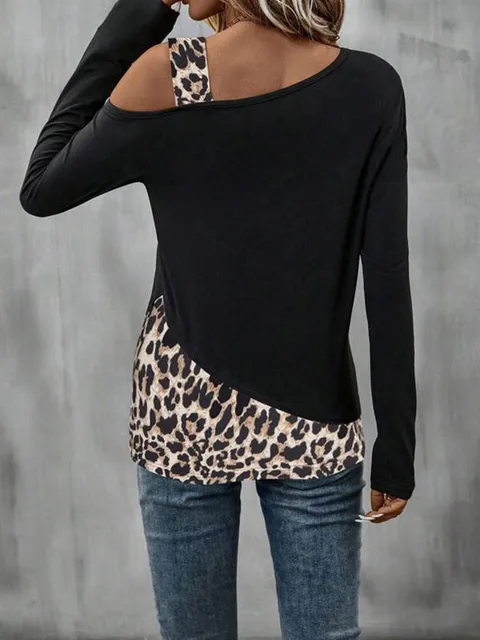 Mode décontracté femmes laine léopard asymétrique simple épaule couture conventionnelle à manches longues haut T-shirt – Image 2