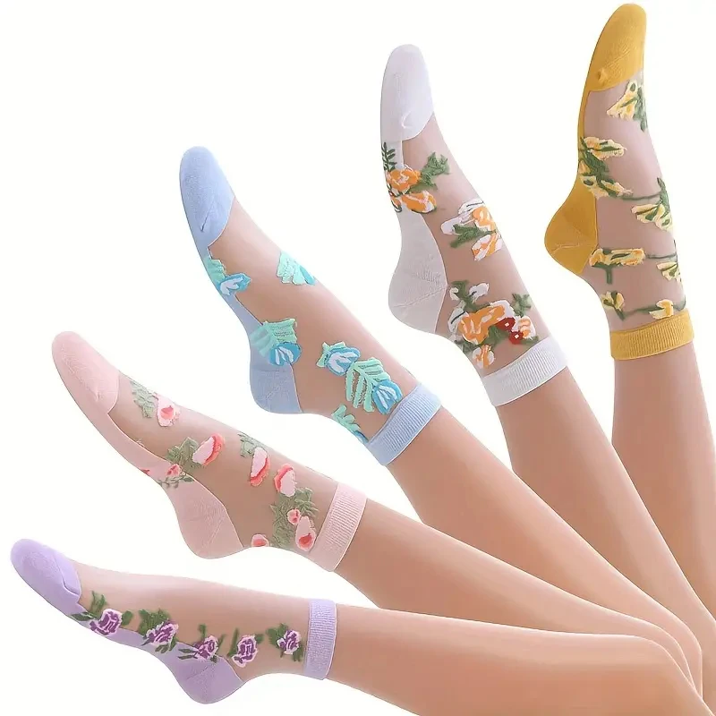 5 Pairs of Vibrant Floral Embroidery Socks - Soft, Lightweight, Breathable, and Sheer Mid Tube Design - Machine Washable, Womens