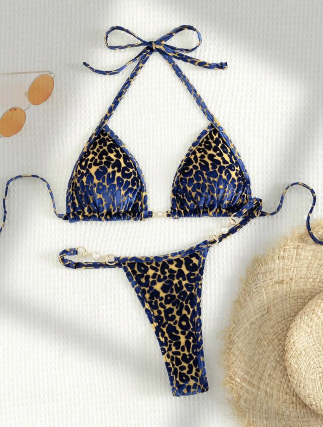 2024 Brésilien D'été Femmes Léopard Perle Maillot de bain Maillots De Bain String Deux Pièces Ensemble Tissu Spécial Licou Cou Maillots De Bain Bikini