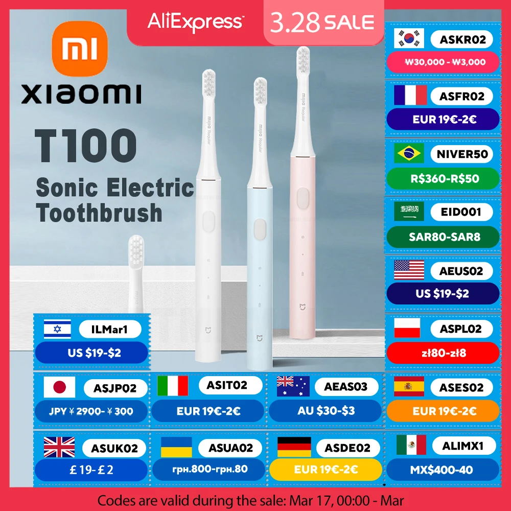 XIAOMI MIJIA brosse à dents électrique sonique T100, durée de vie de la batterie 30 jours, Vibration 16500 tr/min, brosses à dents étanches IPX7 rechargeables USB