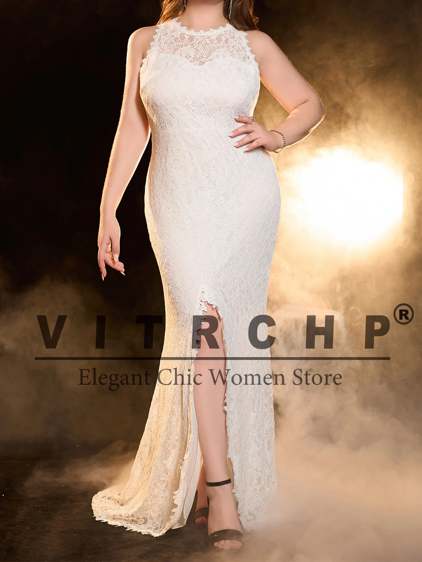 Robe de mariée sirène blanche à licou pour la mariée, grande taille, appliques en dentelle, élégante, longueur au sol, robe de patients