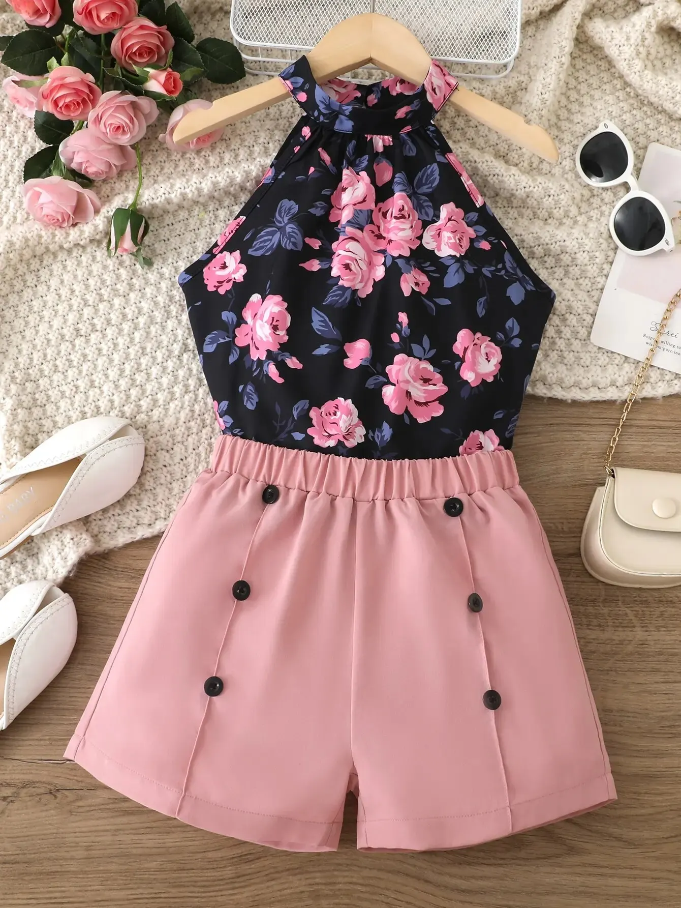 Ensemble haut à fleurs et short à boutons pour filles, vêtements d'été pour enfants, 2 pièces