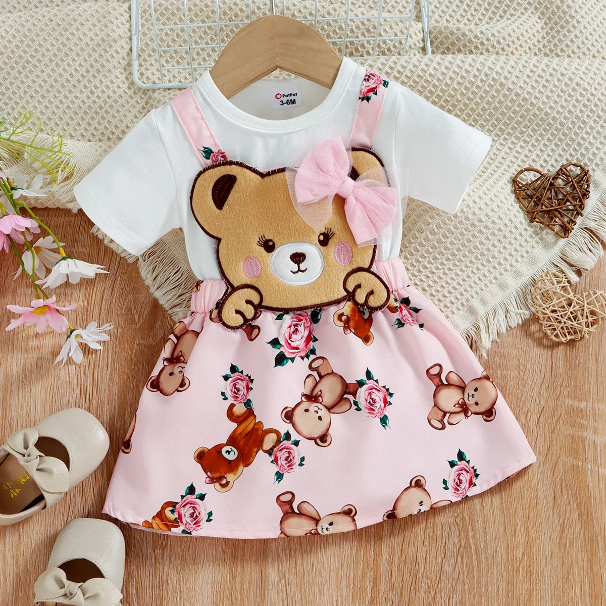 PatPat-Robe à bretelles en faux deux ours de dessin animé pour bébé fille, 100% coton, manches courtes, parfaite pour les sorties et 03/Wear, style basique