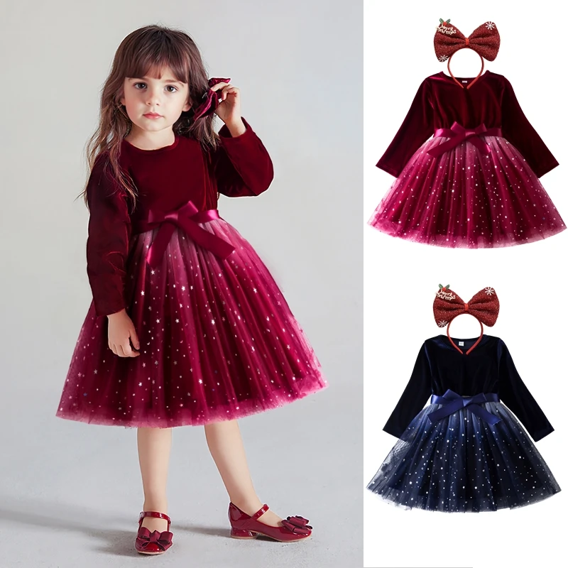 Robe de princesse en maille à manches longues pour enfants, vêtements décontractés pour enfants, paillettes, nœud d'anniversaire, Noël, rouge, automne, nouveau, 3-8 ans