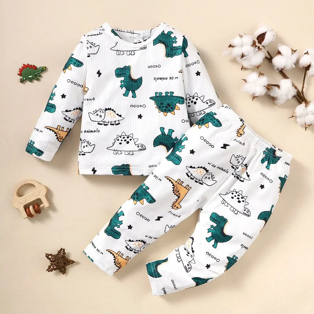 Ensemble de vêtements de printemps et d'automne pour bébé garçon, imprimé dinosaure mignon, haut à manches longues et pantalon, vêtements décontractés pour tout-petit, 6 mois à 3 ans