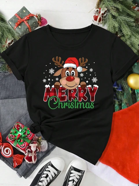 Joyeux noël mignon renne imprimé rouge T-Shirts pour femmes décontracté à manches courtes col rond T-Shirts dames fête de noël hauts – Image 2