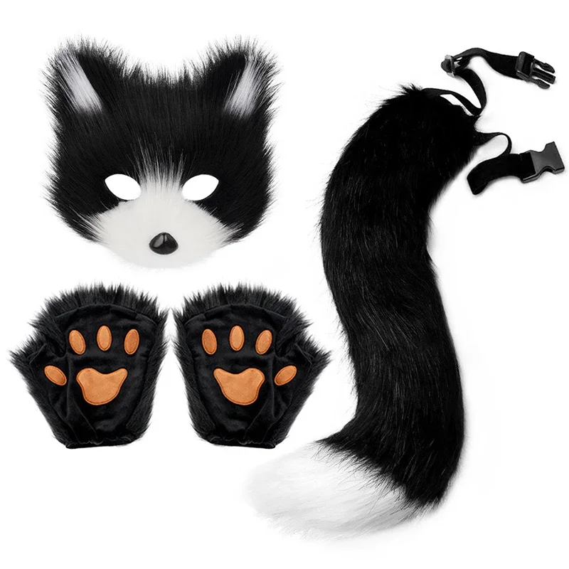 Porte-clés queue de renard en fourrure moelleuse, 3 pièces, gants pattes de chat et masque Therian de loup, ensemble pour accessoires de Costume de Cosplay d'halloween