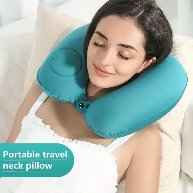 Oreiller gonflable en forme de U pour se détendre, oreiller de voyage pliable et portable, dispositif de clôture anti-fuite, presse sur le cou – Image 2