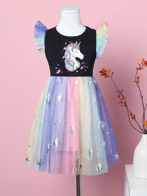 Robe d'été sans manches pour filles, imprimé licorne de dessin animé, maille arc-en-ciel, épissure, princesse, fête d'anniversaire, SH1791 – Image 3
