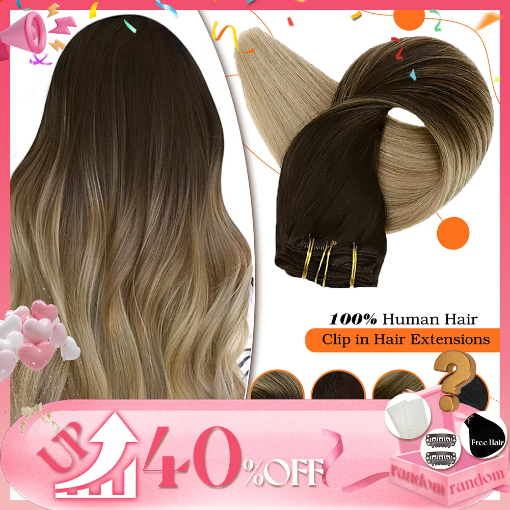 Full Shine Clip in Hair Extensions Human Hair Clip Balayage 7pcs 120g Double Weft Hair Extensions Human Hair For Woman