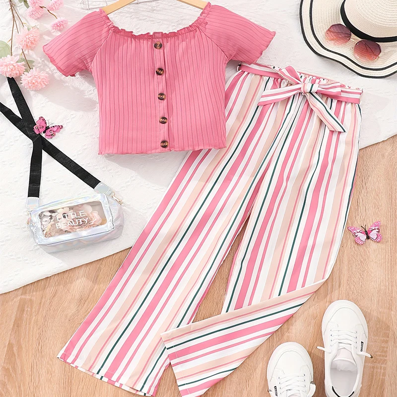 Cardigan boutonné deux pièces pour fille, mignon et à la mode, manches courtes, pantalon rayé, ensemble quotidien décontracté pour fête d'anniversaire, été