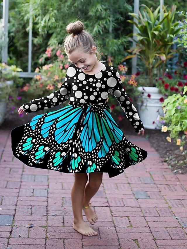 Vêtements pour enfants, robe à manches longues, grande jupe pivotante, col rond, origine papillon