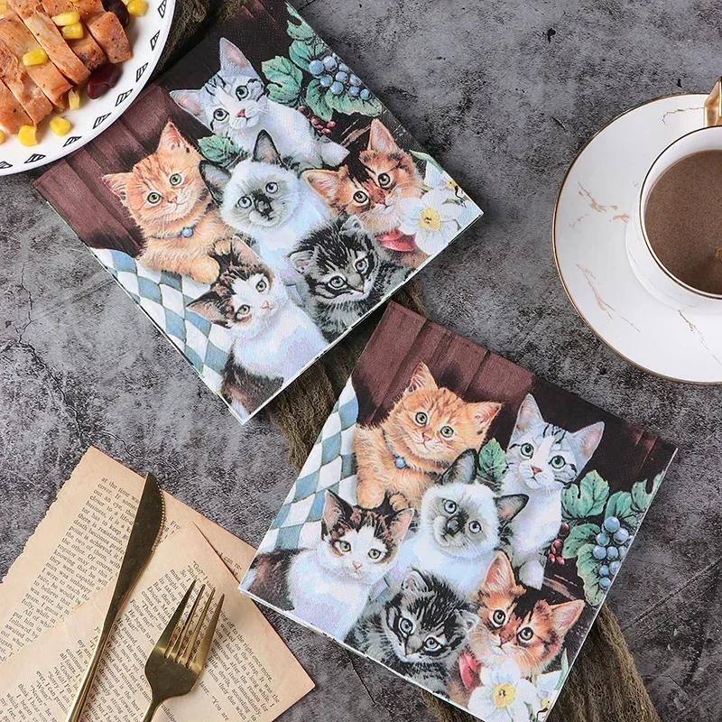 20 pièces/paquet nouveaux serviettes d'impression colorées papier de soie de fête tissu du visage papier de soie de mariage Diekubat serviettes en papier motif de chat