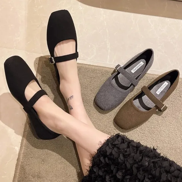Chaussures Mary Janes en feutre pour femmes, ballerines à bout carré, nouvelle mode avec sangle à boucle, chaussures pour dames, printemps automne – Image 3
