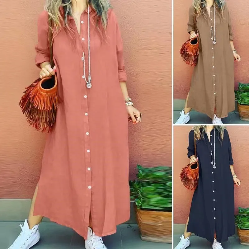 Robe Cardigan ample à manches longues et revers pour femmes, nouveau Style musulman, bouton de blocage de couleur, couleur unie, coupe ample, 2023
