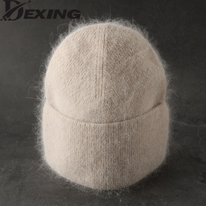 2024 Angora chapeau d'hiver pour femmes fourrure de lapin moelleux tricoté bonnets chapeau Bonnet femme doux chaud SKI Skullies bonnets