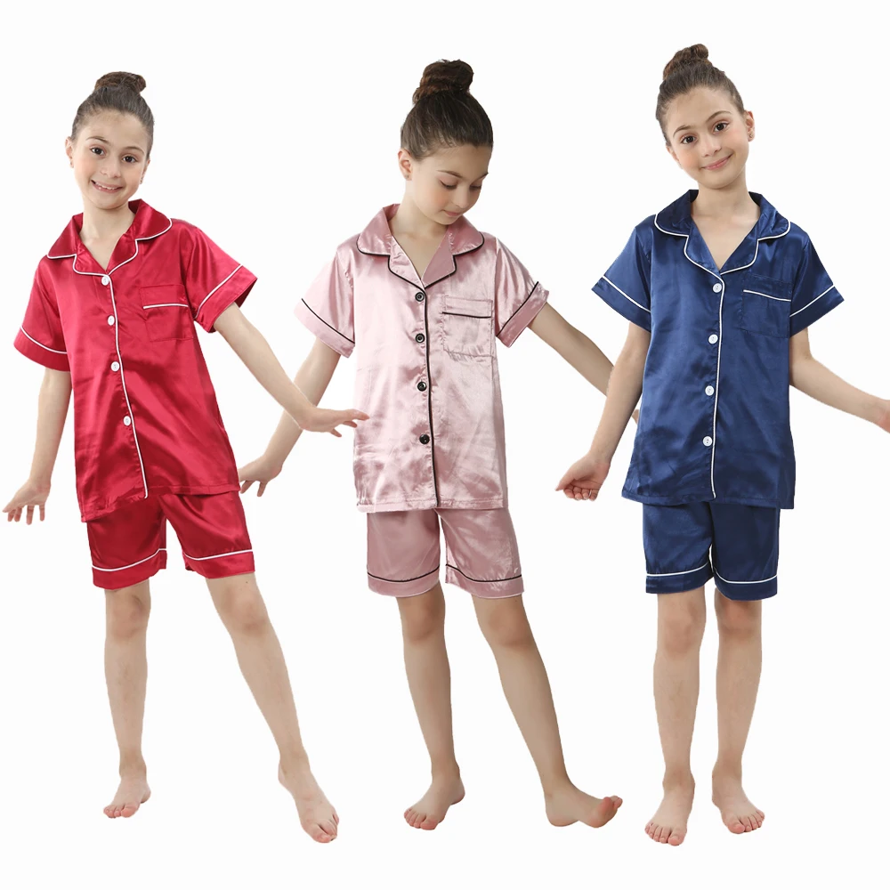 Adolescent maison pyjamas vêtements de nuit pour filles enfants soie satin fête chemise de nuit garçons bouton-bas pijama enfants couleur unie vêtements de détente