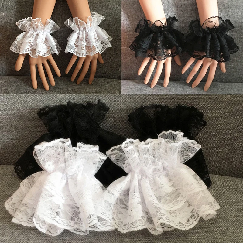 Lolita – manchettes de poignet en dentelle noire, manches à volants, Bracelet élastique, élégant, gants courts en dentelle pour dames, Halloween