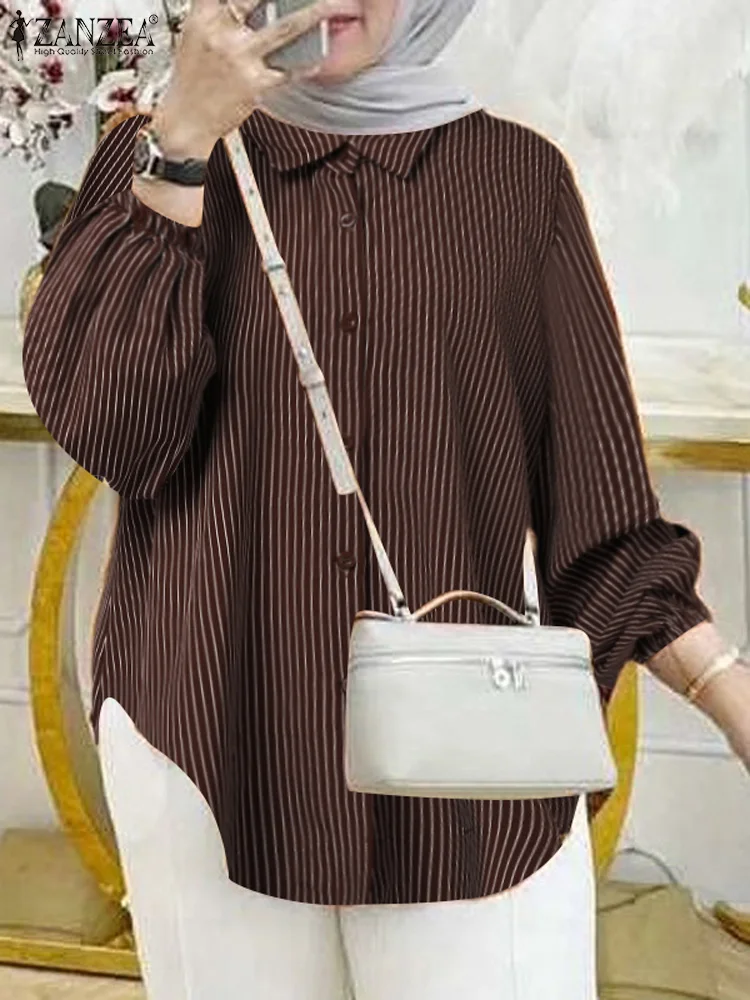 ZANZEA femmes mode musulmane chemises rayées Hijab islamique à manches longues revers cou ourlet arrondi Camisas automne 2024 Blouses boutonnées