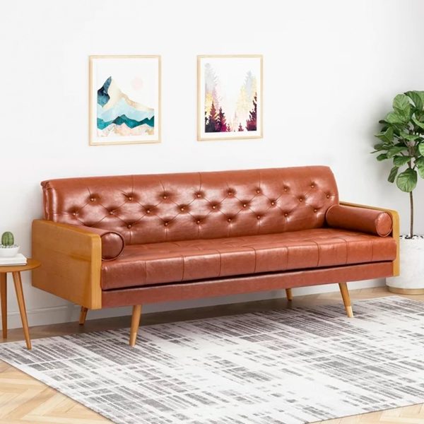 Noble House Marcel Faux Leather Tufted Sofa, Cognac Brown – Image 2